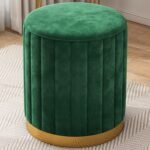 Velvet Round Ottoman Foot Rest Stool Linen Fabric Padded Seat Pouf Ottoman with Round Shape for Living Room (Dark Green)