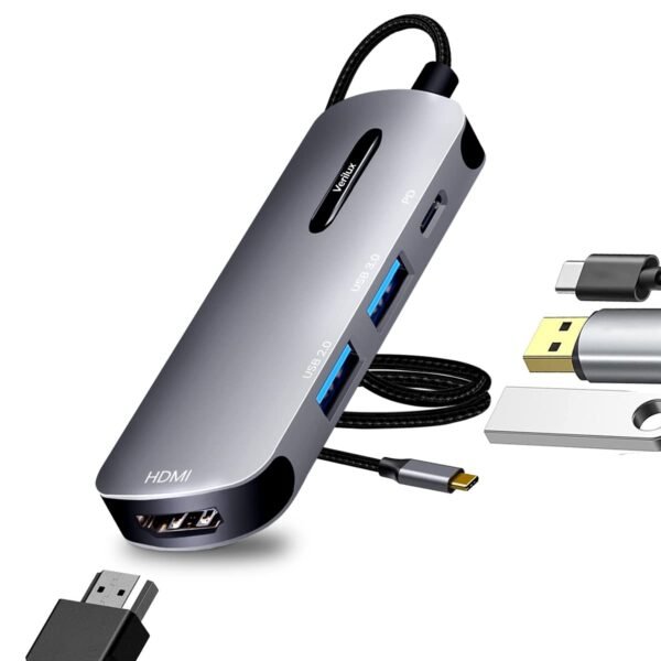 Verilux® USB C HUB 4 in 1 USB C to HDMI Adapter with 4K@30Hz HDMI, 2.0/3.0 USB Adapter Multiple Port, PD 100W & USB C Data Port USB Type C Hub for Laptop, MacBook Pro Air 20CM USB Hub Long Cable