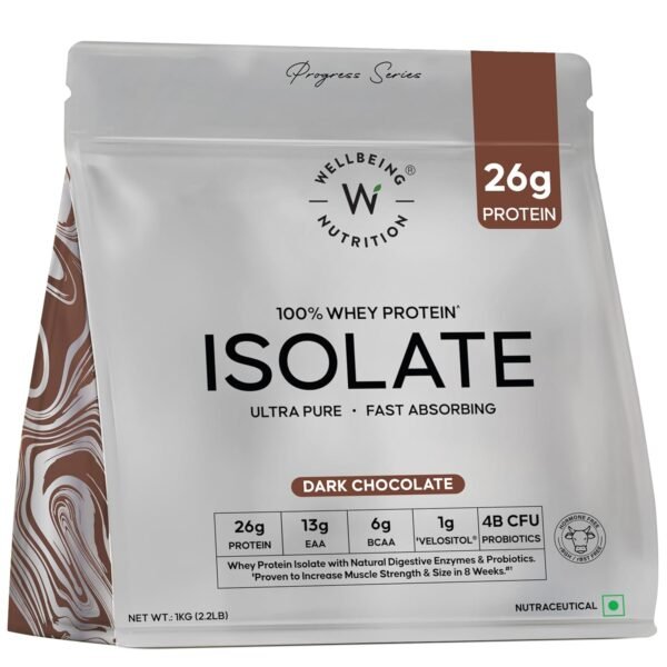 Wellbeing Nutrition Whey Protein Isolate 1kg Dark Chocolate | 26g Protein, Clinically Proven Velositol for 2x Muscle Protein Synthesis, 4B CFU Probiotics, Digestive Enzymes, Bloat Free, Easy to Digest