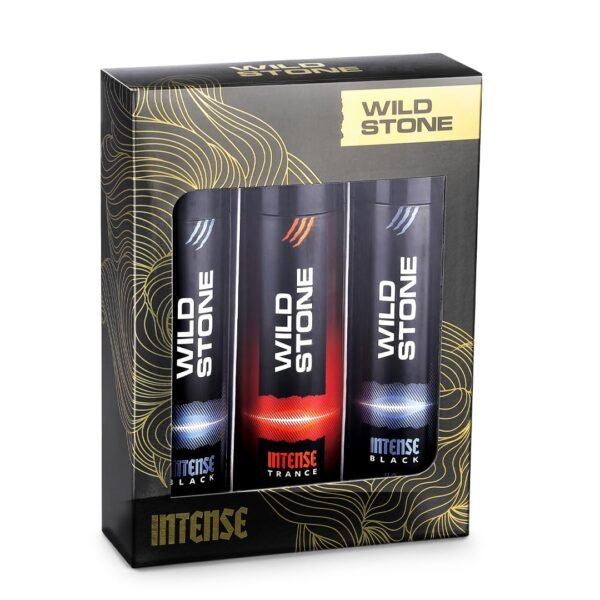 Wild Stone Intense Black and Trance No Gas Deodorant Gift Set for Men, Pack of 3 (150ml each) | Long Lasting Fragrance | Gift Set for Him|Body Spray for men