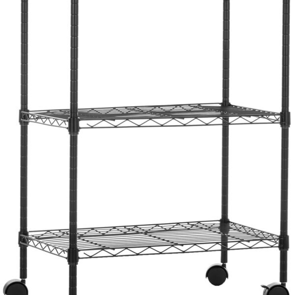amazon basics Height Adjustable 3-Shelves Heavy Duty Rack with Wheels (Black), Metal, Tiered Shelf, Floor Mount