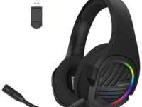 amazon basics Tri-Mode Wireless RGB Gaming Headphones with Detachable Mic,Volume Scroller,Microphone On/Off Button,Type-C Charging Jack, for PC and Laptop. (Black)