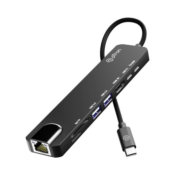 pTron Nexo 8-in-1 Type C to HDMI USB Hub w/ 4K@30Hz HDMI, 100Mbps Ethernet, 100W PD Charging, USB 3.0, USB 2.0, USB-C 2.0 Data, microSD/SD Card Slots for All Type C Devices, MacBook, Laptop, PC(Black)