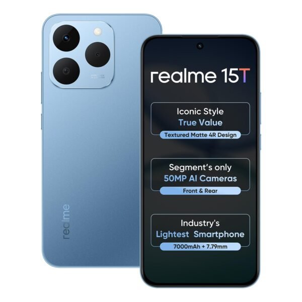 realme 15T 5G Smartphone 8+256GB Silk Blue,6.67inch Screen, 120Hz Display,7000mAh Battery,60W Fast Charge,Front & Rear Dual 50MP Cameras, Dimensity 6400 Max 5G Chipset,IP69