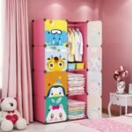 12 Door Kids Plastic Wardrobe for Clothes, Foldable Plastic Almirah for Clothes, Collapsible Wardrobe for Storage, Baby Cupboard for Clothes Storage - (Panda Pink, 8 Door)
