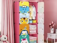 12 Door Kids Plastic Wardrobe for Clothes, Foldable Plastic Almirah for Clothes, Collapsible Wardrobe for Storage, Baby Cupboard for Clothes Storage - (Panda Pink, 8 Door)