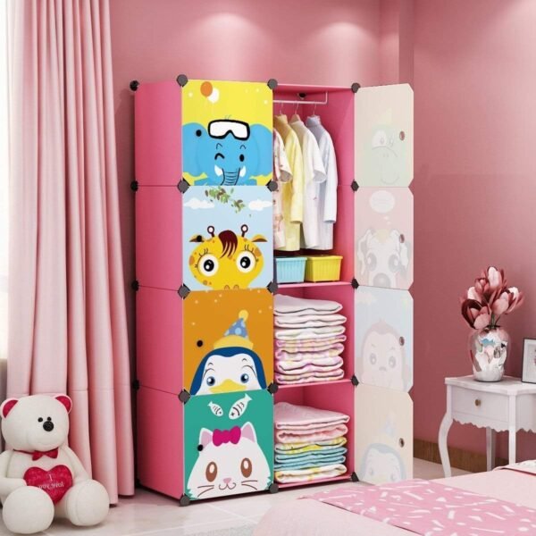 12 Door Kids Plastic Wardrobe for Clothes, Foldable Plastic Almirah for Clothes, Collapsible Wardrobe for Storage, Baby Cupboard for Clothes Storage - (Panda Pink, 8 Door)