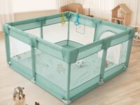 120x120 cm Playpen for Baby up to 3 Years with Safety Lock & Anti-Fall Grasp Rings (No Mat, Non-Foldable) - Green