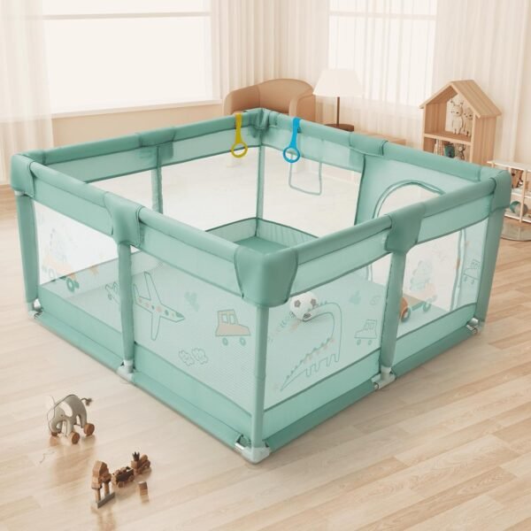 120x120 cm Playpen for Baby up to 3 Years with Safety Lock & Anti-Fall Grasp Rings (No Mat, Non-Foldable) - Green