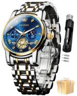 OLEVS Watch for Man Analog Quartz Skeleton Chronograph Diamond Watches Stainless Steel Moon Phase Calendar Waterproof Dress Watches