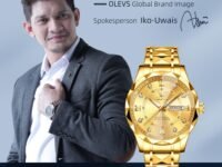 OLEVS Men's Business Watch Gold Blue with Large Easy-Read Analog Quartz Date Display Luxury Stainless Steel Band Waterproof Luminous Hands