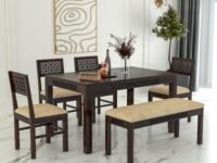 CNC Solid Sheesham Wood Dining Table Set 6 Seater | Six Seater Dining Table 6 Seater with 4 Cushion Chairs & 1 Bench for Living Room | 6 Seater Dining Set for Hotel Restaurant|Walnut