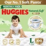 Huggies Natural Soft Premium Baby Diaper Pants, Our No.1 Soft Pants, Large (L) Size (9-14 Kgs), Monthly Pack of 100 diapers | Cloud Softness All over with India's 1st Cloud Touch BeltTM