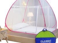 Classic Mosquito Net for Double Bed | King Size Foldable Machardani | Polyester 30GSM Strong Net | PVC Coated Corrosion Resistant Steel Wire - Pink