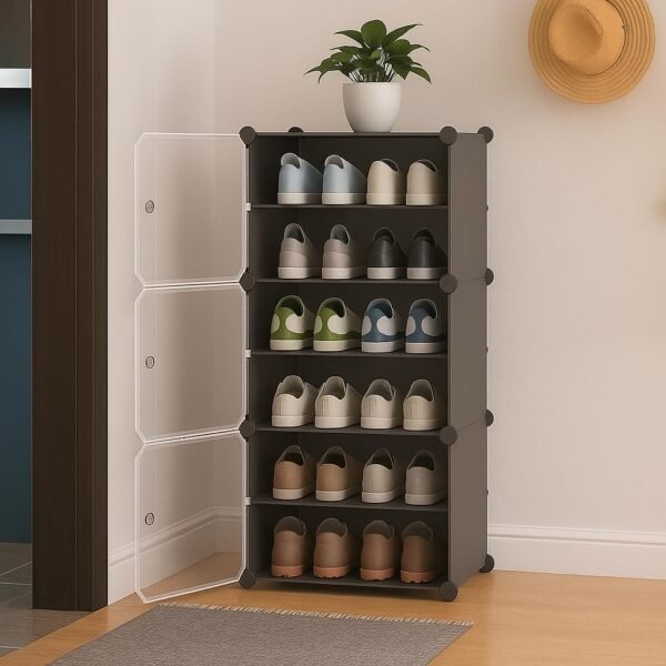 Shoe Rack Plastic for Home- Slipper Stand, Chappal Stand, Professional Multipurpose Printed Foldable Standing Comfort Runner Shoe Rack, Utility Shelf (Grey, 6 Shelf 3 Door)