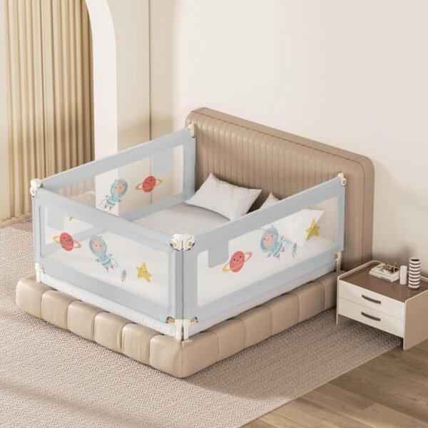Kids Station Foldable Baby Bed Rail Guard for Child Safety - 28 Levels of Adjustable Height - Safeguard for Baby Proofing - 6.3ftx5ftx6.3ft or 190x150x190cm (3 Sides, Grey, with Pocket)