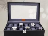 LEDO Men's and Women's Watch Box Holder Organizer Case In 12 Slots of watches In PU Leather with Black & Gray