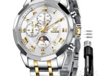 OLEVS Chronograph Watches for Men Original Analog Quartz Black Stainless Steel Chain Luxury Moon Phase Date Waterproof Branded Formal Men's Wrist Watch