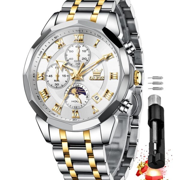 OLEVS Chronograph Watches for Men Original Analog Quartz Black Stainless Steel Chain Luxury Moon Phase Date Waterproof Branded Formal Men's Wrist Watch