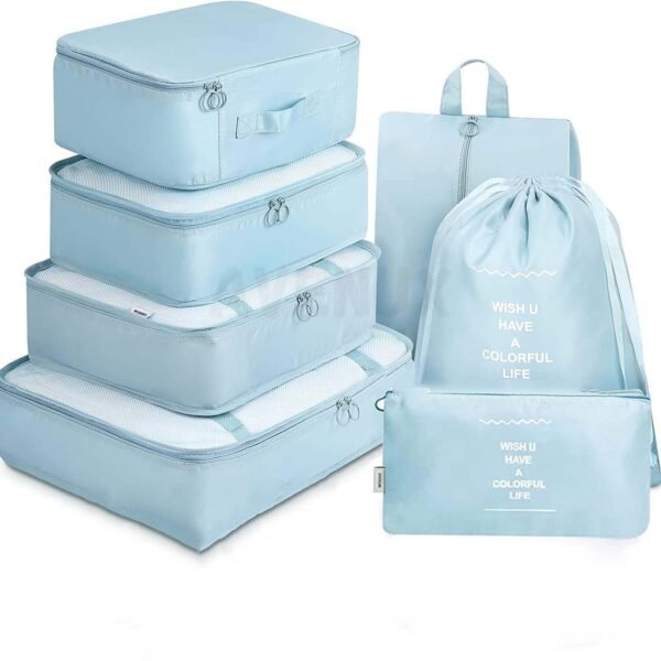 7pcs Set Travel Organizer Packing Cubes Lightweight Travel Luggage Organizers with Laundry Bag or Toiletry Bag Laundry Organiser (Blue, 7 PCS) Polyester, 20 x 10 x 5 cm