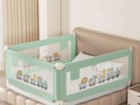 Kids Station Foldable Baby Bed Rail Guard for Child Safety - 28 Levels of Adjustable Height - Safeguard for Baby Proofing - 6ftx5ftx6ft or 180x150x180cm (3 Sides, Green, with Pocket)