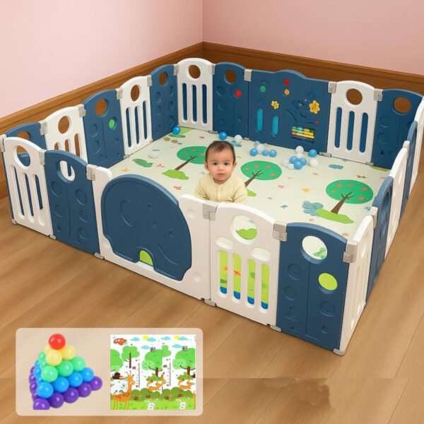 20 panel Playpen for Babies upto 5 year with Mat and Balls Foldable Baby Play Area Indoor Setup Play Yard Fence for Toddlers Kids Playarea Setup Outdoor Children Play Pen with Gate Baby Playpen(6.1 * 7.2 ft=44 SQFT, Blue)