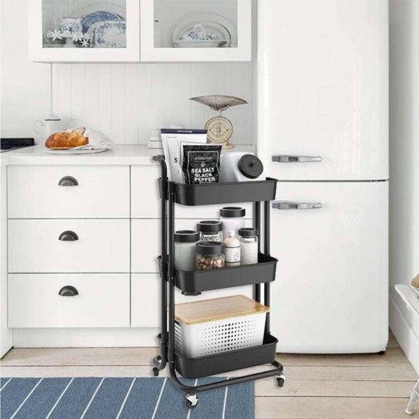 3-Tier Kitchen Storage Trolley Rack with Caster Wheels Rolling Cart Metal Utility Space Saving Home Storage Organizer Racks and Self with Wheel(Black)