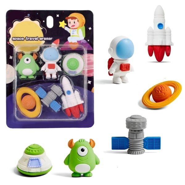 3D Outer Space Astronaut Erasers Set – Pack of 6 Cute Galaxy-Themed Erasers for Kids, Fun Return Gift for Boys & Girls, School Stationery Supplies