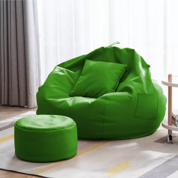 4XL Bean Bag with Footstool & Cushion Ready to Use Filled with Beans | Faux Leather Bean Bag Chair for Home (Green, XXXL)