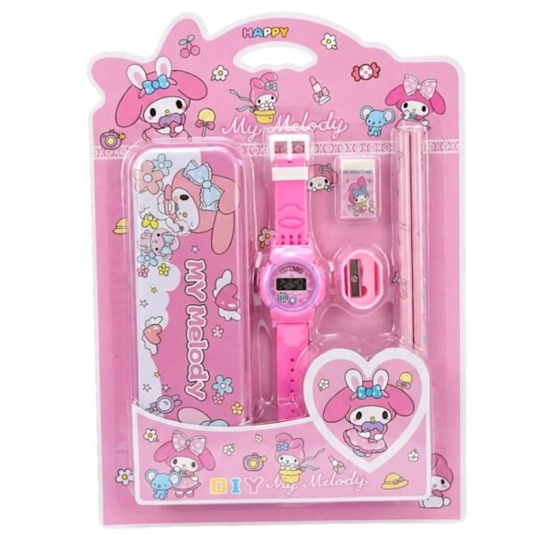 6 in 1 Writing Set with Wristwatch, 2 Pencils, 1 Eraser, 1 Sharpener, 1 Ruler, Kurmi and Melody Design, for Ages 3+, Birthday and School Supply (Stationery Set-6603-Melody)
