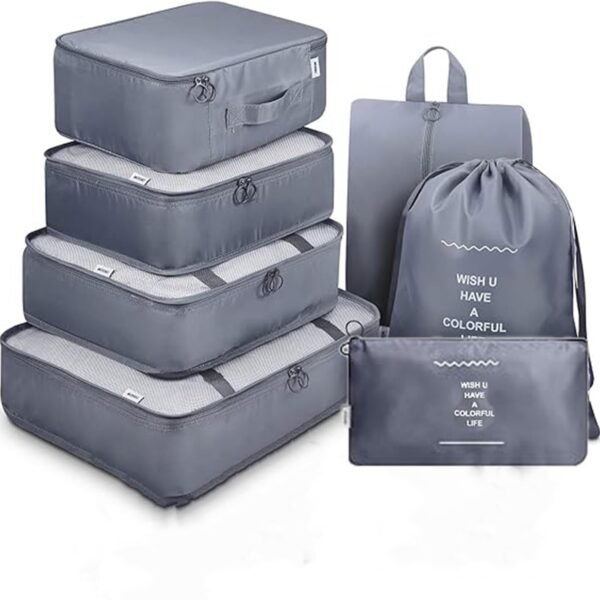 7pcs Set Travel Organizer Packing Cubes Lightweight Travel Luggage Organizers with Laundry Bag or Toiletry Bag Laundry Organiser (Grey, 7 PCS)