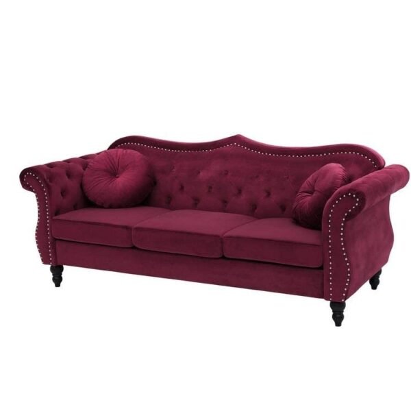 A to Z Furniture Velvet Couch for Living Room, Modern Chesterfield Sofa 3 Seater Couches Sleeper Sofa for Living Room Bedroom Office (Burgundy)