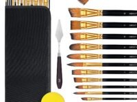 ABOUT SPACE Paint Brushes Set - (15Pcs) Professional Wooden Brush Kit with Zipper Carry Case & Nylon Bristles/Knife/Sponge/Long Handle - Multi Usage Artist Acrylic Brush Water Color Sculpture Painting