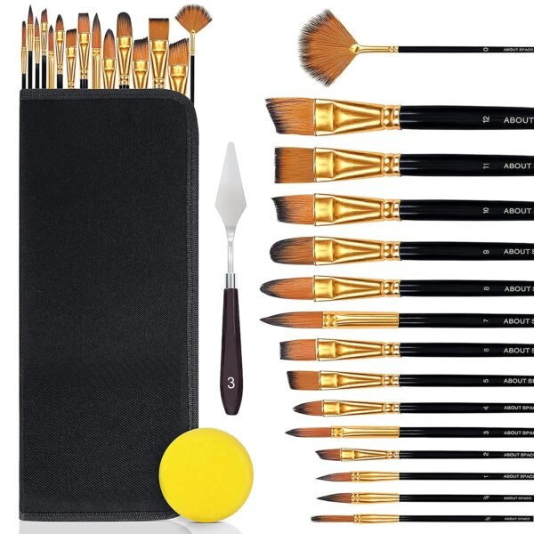 ABOUT SPACE Paint Brushes Set - (15Pcs) Professional Wooden Brush Kit with Zipper Carry Case & Nylon Bristles/Knife/Sponge/Long Handle - Multi Usage Artist Acrylic Brush Water Color Sculpture Painting