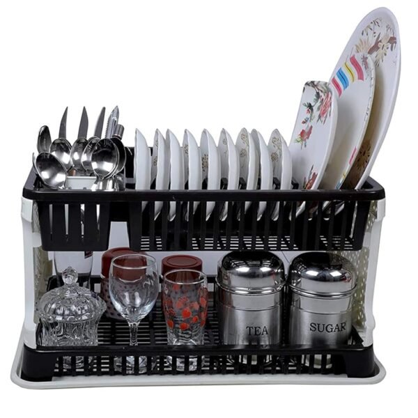 ARURA (LABEL) 2 Layer Foldable Kitchen Dish Drainer Organizer Storage Rack With Water Storing Tray (Black)(Polypropylene), 33 x 51 x 27 Centimeters