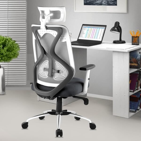 ASTRIDE Ergofit Ergonomic Office Chair for Home | 3-Years Warranty | 2D Headrest, Adjustable Arms & Lumbar Support | Tilt Lock Mechanism [Heavy Duty Chromium Metal Base, Grey-White]