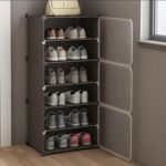 AYSIS Plastic Shoe Rack for Home | 𝟔 𝐒𝐡𝐞𝐥𝐟 DIY Shoe Rack with Door 𝐌𝐚𝐠𝐧𝐞𝐭𝐬 for Home Storage Plastic Box Organizer, Metal Door Frame, Chappal Slipper Sandals Stand (Grey, 6-Shelf-3-Door)