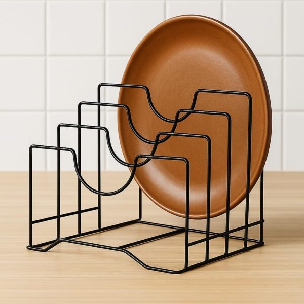 Adjustable Pan & Pot Lid Holder Rack – Iron Multi-Functional Countertop Organizer with 4 Slots, Tiered Kitchen Storage Stand (Medium, 9 x 7 x 8.5 in)