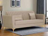 Adorn India Premium Luster 3 Seater | Velvet Suede Fabric | 3-Year Warranty | Color Beige with Golden Legs & Striped Pattern Cushion