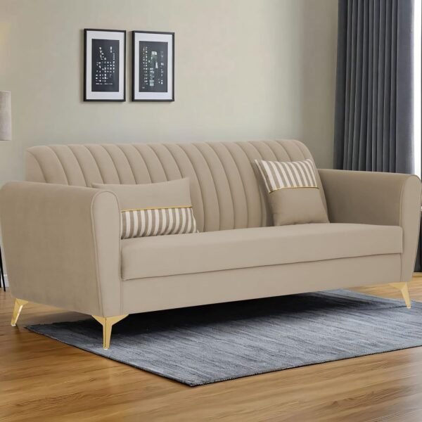 Adorn India Premium Luster 3 Seater | Velvet Suede Fabric | 3-Year Warranty | Color Beige with Golden Legs & Striped Pattern Cushion