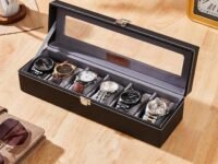Amazon Basics Unisex Faux Leather Watch Organiser Box with 6 Slots |Watch Organiser with Transparent Lid (Black)
