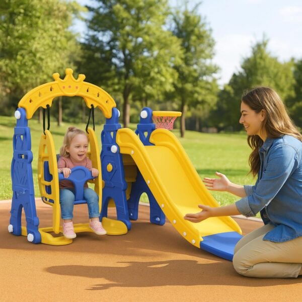 Amazon Brand - Solimo 3-in-1 Garden Castle Slide & Swing for Indoor & Outdoor Use | for Kids 2-8 Years Old | Safe & Fun | Ideal for Boys & Girls | Toy for Kids | Easy Assembly | Multicolor