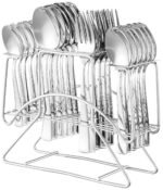 Amazon Brand - Solimo Stainless Steel 24 Piece Cutlery Set with Stand|6 Tea Spoons,6 Snack Spoons,6 Spoons&6 Forks|Mirror Finish