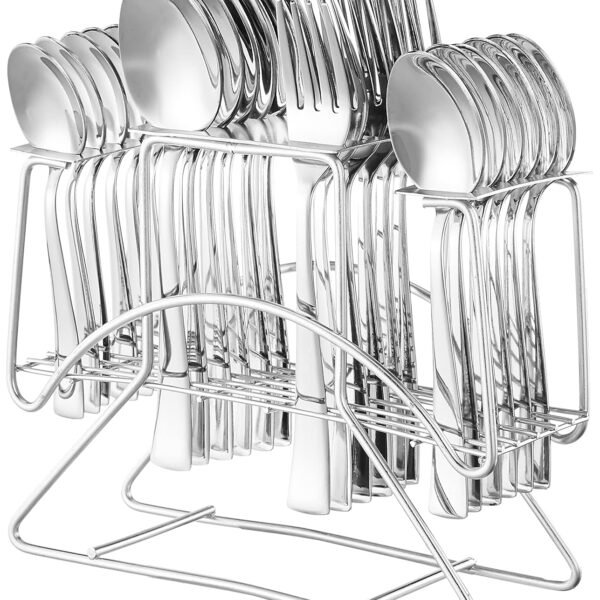 Amazon Brand - Solimo Stainless Steel 24 Piece Cutlery Set with Stand|6 Tea Spoons,6 Snack Spoons,6 Spoons&6 Forks|Mirror Finish