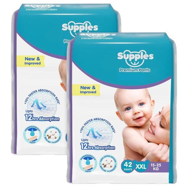 Amazon Brand - Supples Premium Baby Diaper Pants | 84 Baby Diapers | XXL | 15-25 Kg | 42 x 2 Packs | 12 Hrs Absorption | Cushiony Cotton Soft Fabric | Phthalates-Free | Triple Leak Guard