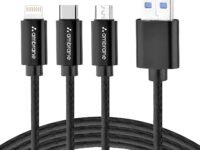 Ambrane Unbreakable 3 in 1 USB Fast Charging USB Cable with Type C, Lightning, Micro USB Port with 2.1 A, Compatible with iPhone, iPad, Samsung, OnePlus, Mi, Oppo, Vivo, Xiaomi, 1.25M (Trio-11, Black)