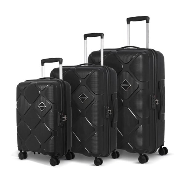 American Tourister 3PC Instavibe, Set Trolley Bag for Travel Polypropelene Suitcase with Mounted TSA Lock, Double Wheels, Flexi Packing Straps, and Side Hooks for Men & Women - Black
