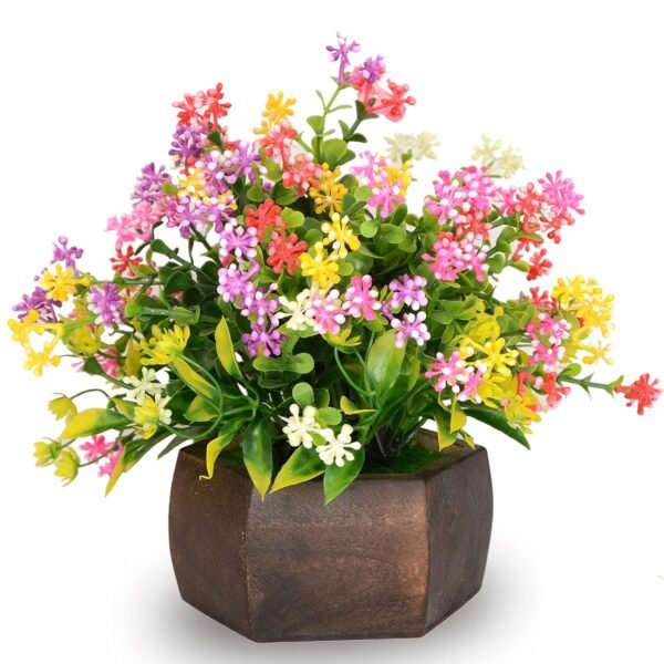 Artificial Flowers for Decoration with Wood Hexagon Pot, Artificial Plants for Home Decor, Decoation Plants, Potted Plants for Home, Fake Plant (18 cm, Multicolor)