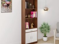 BLUEWUD Seonn Bookshelf Crockery Storage Cabinet, Book Rack Organizer with Shelves for Décor Display & 2 Doors, Floor Standing Storage Unit for Office Library Home (Brown Maple & Beige, with Drawer)