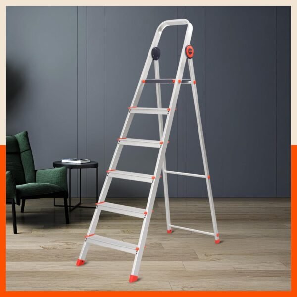 Bathla Advance Pro 6-Step Foldable Aluminium Ladder for Home | Heavy-Duty & Anti-Slip Steps with Sure-Hinge Technology | 7-Year Manufacturer Warranty | Orange